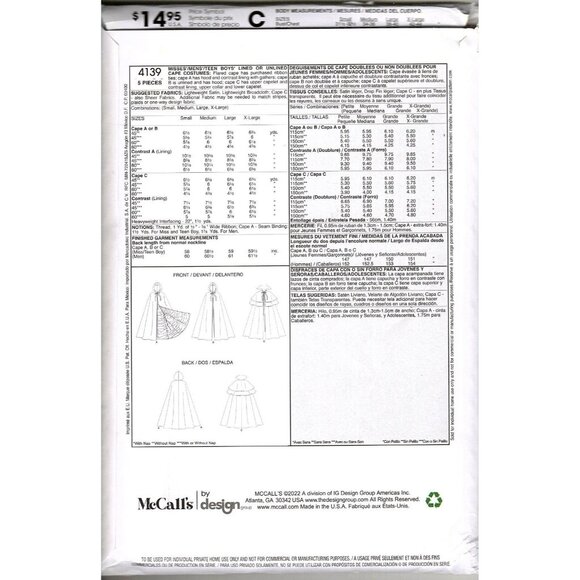 McCalls 4139 Unisex S to XL Capes and Cloaks Costume Uncut Sewing Pattern - Picture 2 of 2